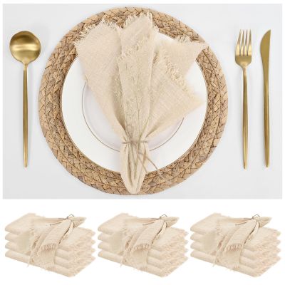 ABKLESACH 12 Pack Beige Cotton Linen Napkins 16 x 16 Inch Beige Napkins Cloth Handmade with Fringe Soft Cloth Napkins Washable Rustic Dinner Napkins Cloth for Wedding Party Dinner Table