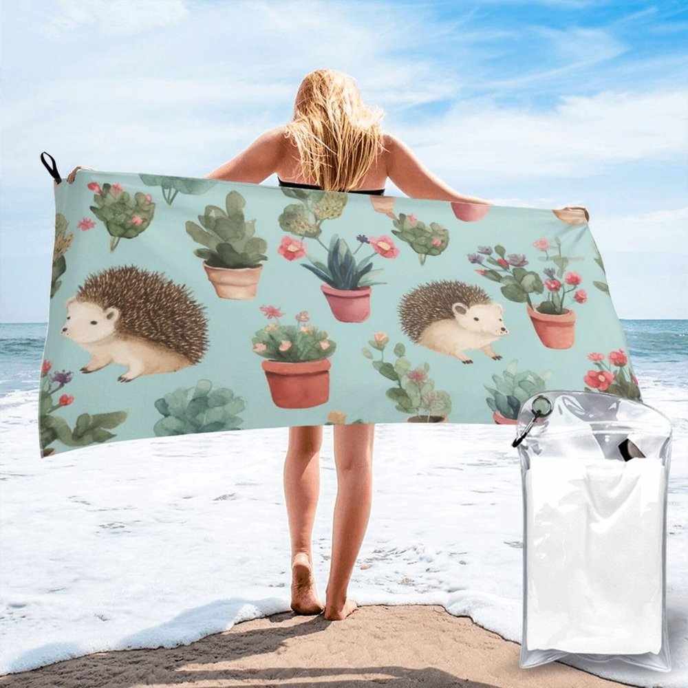 NONHAI Beach Towel Hedgehog Potted Flower Microfiber Bath Towels Quick Dry Towel for Swimmers Sand Proof Beach Towels Absorbent Bathroom Towel for Hotel Gym Spa Yoga Bath Towel 27.5"x55"