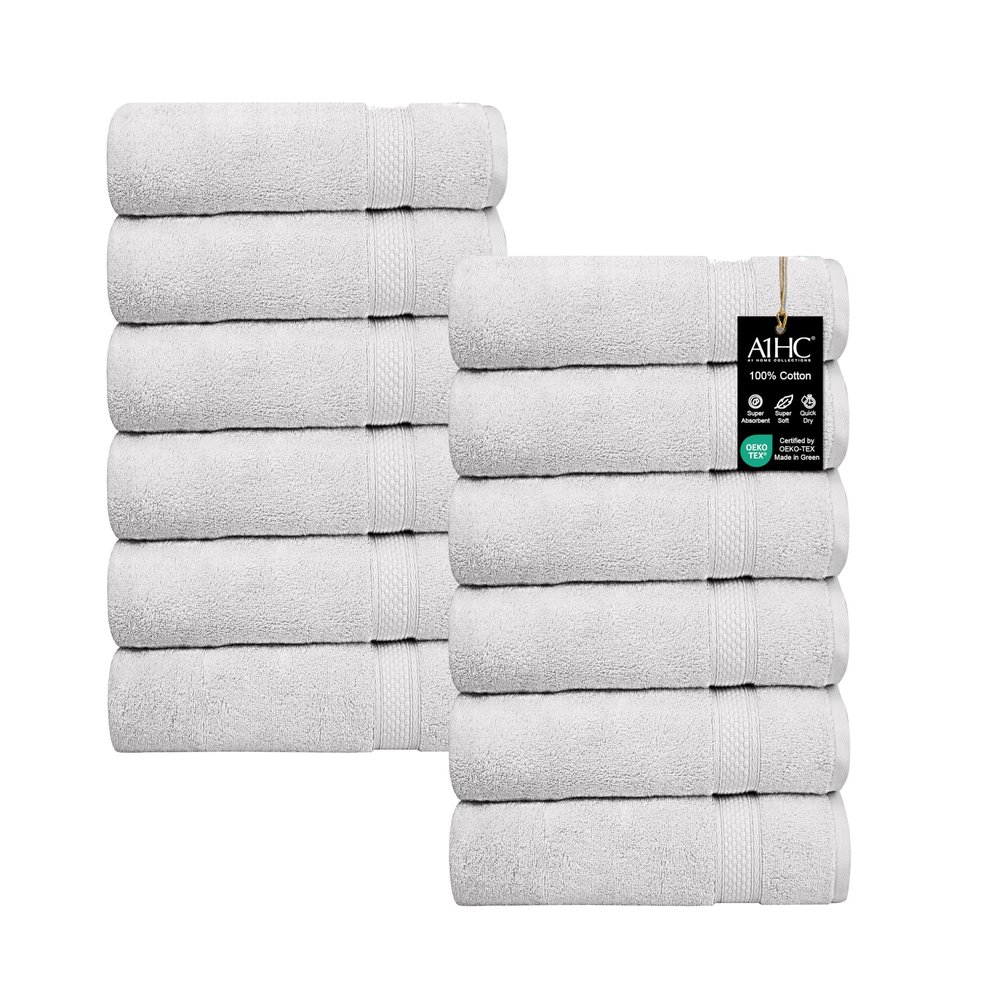 A1HC Wash Cloths Set (13x13 Inches), 500 GSM 100% Ring Spun Cotton, Oeko-TEX Green Certified, Zero Twist, Ultra Soft, Quick Dry & Highly Absorbent, Soft Washcloths (Bright White, 12 Piece Wash Cloth)