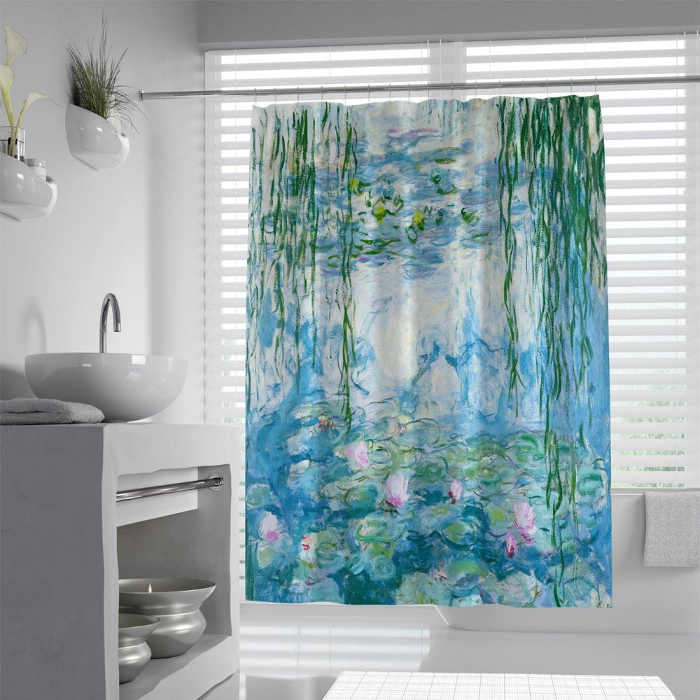 BYLEEHOMED Impressionist Claude Monet Blue Shower Curtain Water Lily Retro Fabric Shower Curtains Green Plants Hang Down from The Top Bathroom Decor w47xL72in
