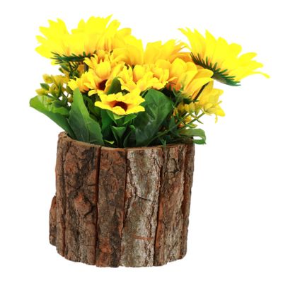 BIUDECO Simulation Potted Plants Bark Planter Faux Sunflower Desktop Decor for Home Office Realistic Artificial Flowers Table Centerpiece for Busy Plant