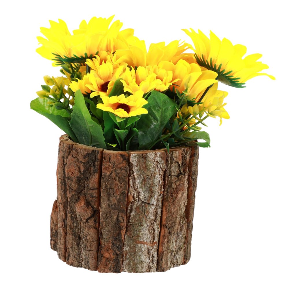 BIUDECO Simulation Potted Plants Bark Planter Faux Sunflower Desktop Decor for Home Office Realistic Artificial Flowers Table Centerpiece for Busy Plant