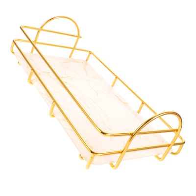 Beatifufu Bathroom Countertop Storage Shelf Multi-Purpose Cosmetic Organizer for Makeup Shampoo and Toiletries Single-Layer Rack Elegant Gold and White Design