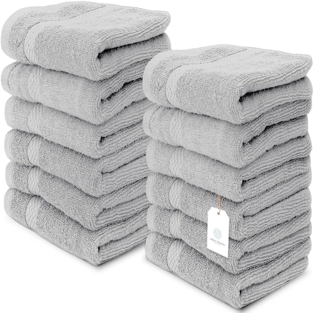White Classic Luxury Cotton Washcloths 13x13 Inch - 650 GSM Turkish Cotton | Hotel, Spa, Bathroom Face Towel | 12 Pack, Dolphin Gray