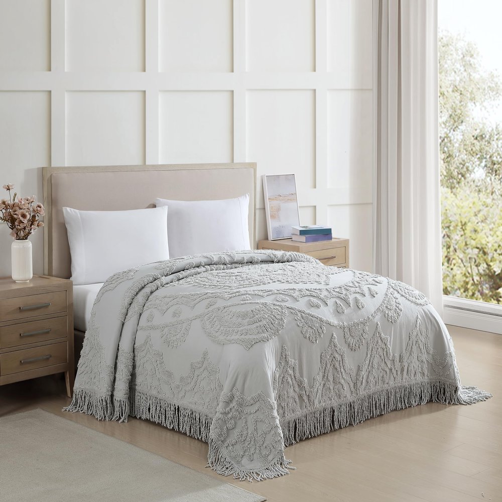 Beatrice Home Fashions Queen, Grey, Lotus Medallion 100% Cotton Chenille Bedspread, Soft, Cozy, Lightweight, Fringe