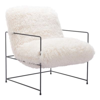 Zuo Pelut Accent Chair White, White Accent Chair, Modern Style, Faux Fur, Armrest Support, Plywood, Indoor Living, 29.5" W x 33.1" D x 33.5" H, Non-Stackable
