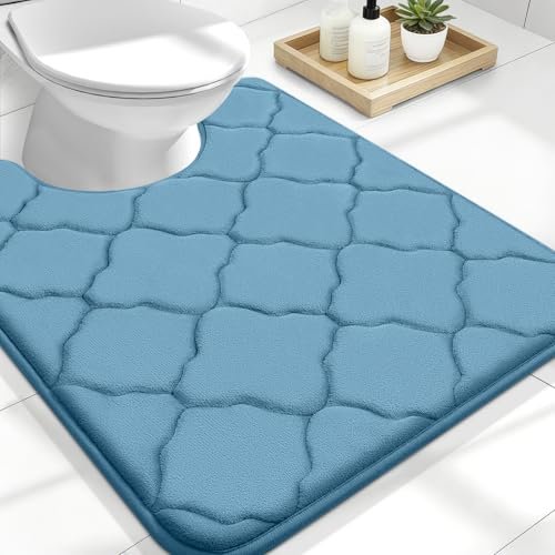 OLANLY Memory Foam Toilet Rugs U-Shaped 24x20, Ultra Soft and Absorbent Bathroom Rugs, Non-Slip, Comfortable, Machine Washable Contour Bath Mat for Toilet Base, Home Decor Accessories, Blue
