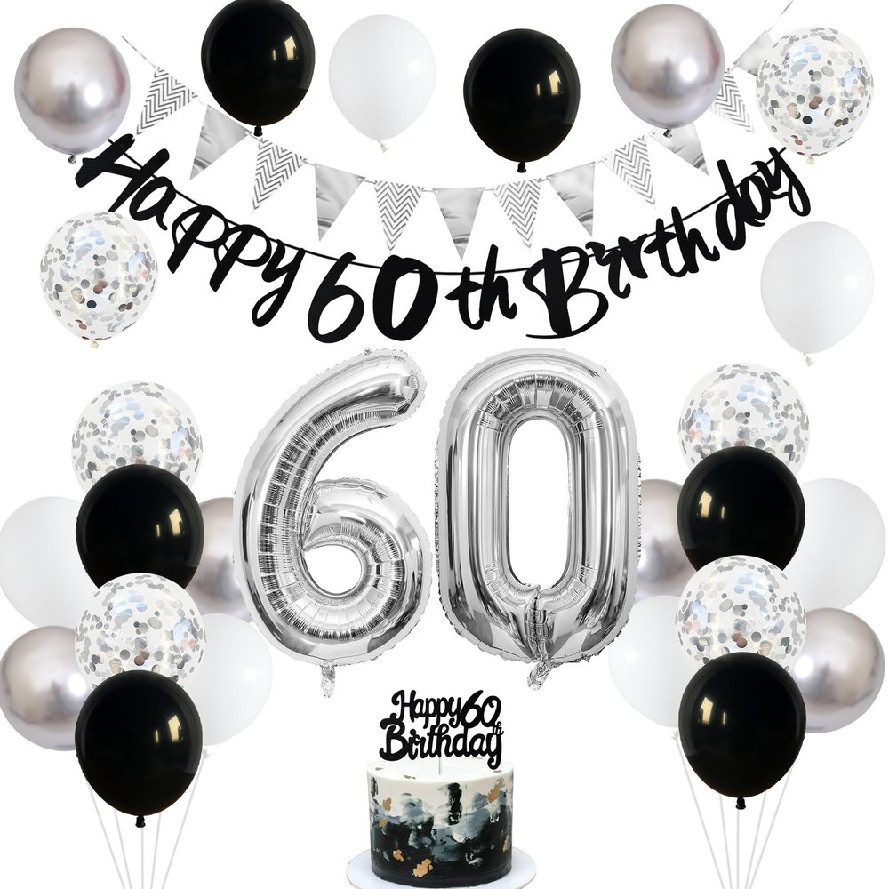 60th Birthday Decorations for Men, Navy Blue Silver 60th Birthday Balloons with Blue Happy 60th Banner 70 Cake Topper Decor Number 60 Balloon for Women 60th Party Decoration