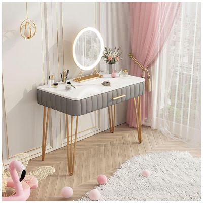 HEBEHO Modern Makeup Vanity Table with LED Mirror and 2 Drawers, 80cm White Table Top, 4 Hairpin Iron Legs, Princess Dressing Table for Bedroom, Office, Home (Color : Gray, Size : 80x40x75cm)