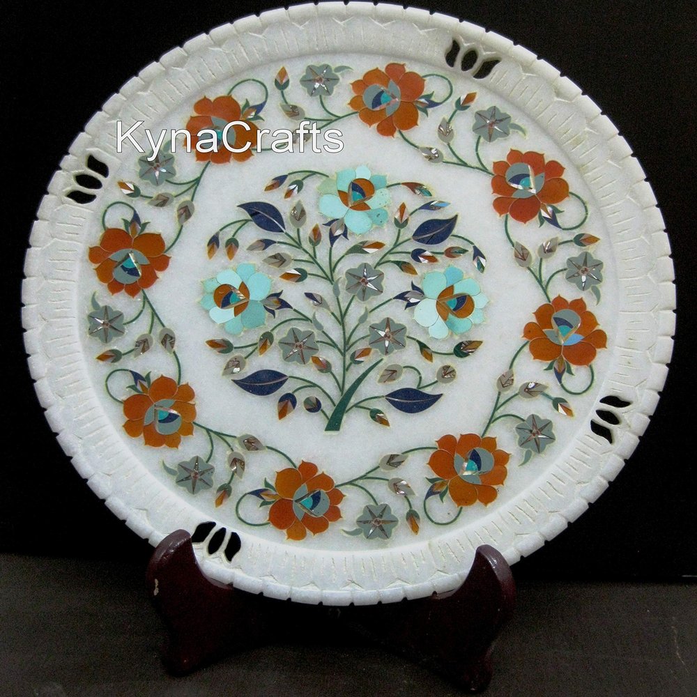10 x 10 Inches Round Shape White Marble Decorative Plate Floral Pattern Inlay Work Hallway Decor Plate with Royal Look