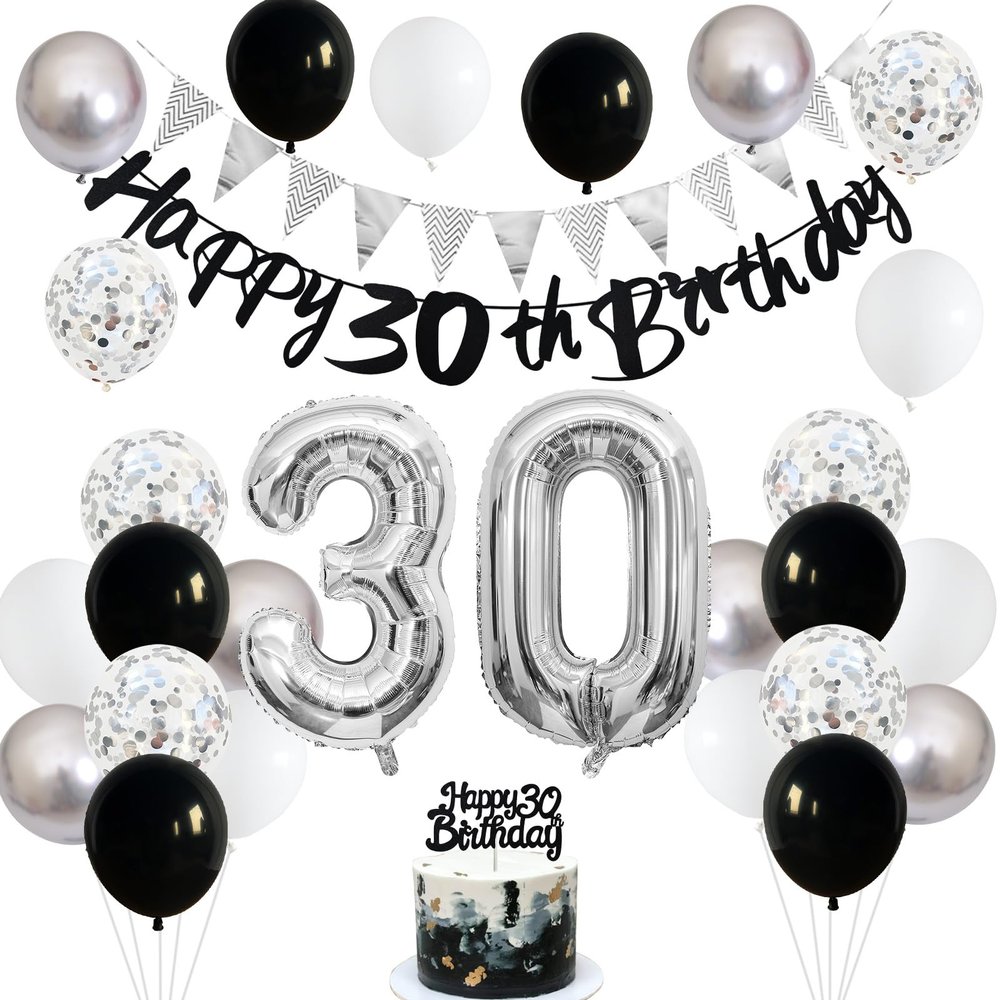 30th Birthday Decorations for Men, Navy Blue Silver 30th Birthday Balloons with Blue Happy 30th Banner 30 Cake Topper Decor Number 30 Balloon for Women 30th Party Decoration