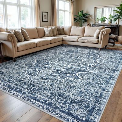 KUTA 9x12 Vintage Area Rug for Living Room, Washable Large Rugs for Bedroom 9ft x 12ft Non-Slip, Blue White Ultra Soft Printed Modern Floral Distressed Dining Room Low-Pile Carpet