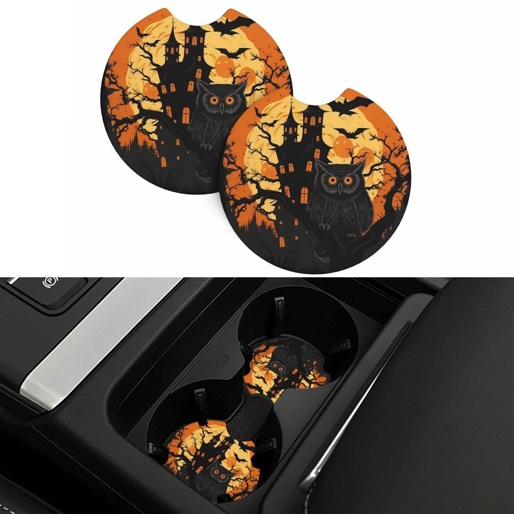 Black Tree Owl Pumpkin Head Castle Car Cup Holder Coasters 2 Pack Absorbent Car Coaster Universal Auto Insert Coaster Silicone Anti Slip Cup Mat Auto Accessories for Women Men