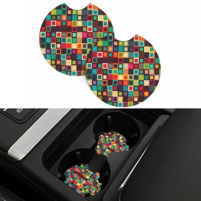Colorful Squares Car Cup Holder Coasters 2 Pack Absorbent Car Coaster Universal Auto Insert Coaster Silicone Anti Slip Cup Mat Auto Accessories for Women Men