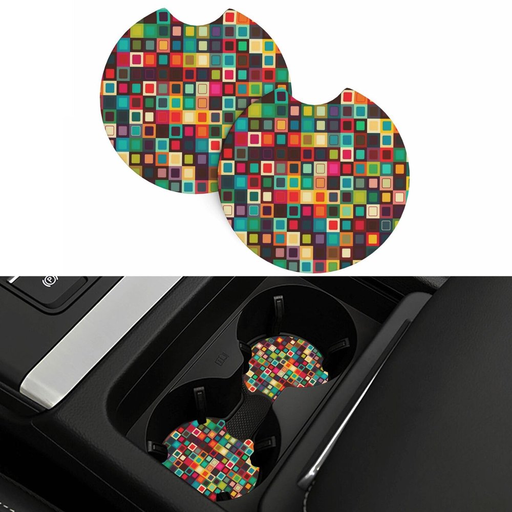 Colorful Squares Car Cup Holder Coasters 2 Pack Absorbent Car Coaster Universal Auto Insert Coaster Silicone Anti Slip Cup Mat Auto Accessories for Women Men