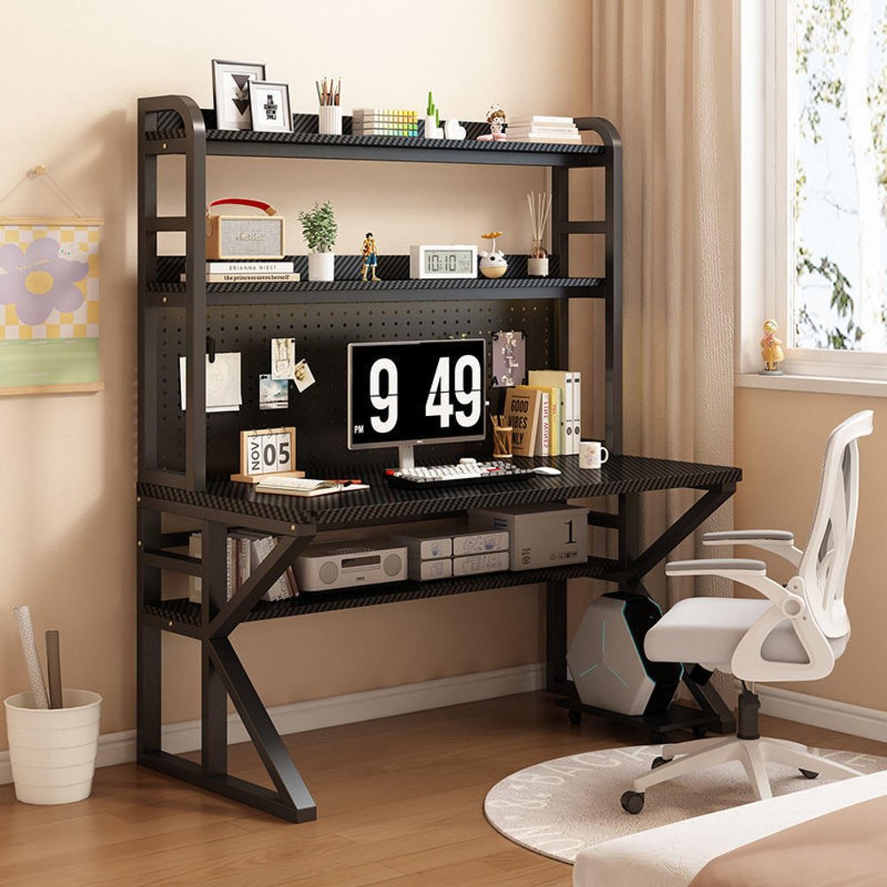 ALEEIK Multi-Functional Gaming Desk with Pegboard, Large Computer Desk with Storage Shelves Home Office Desk Study Writing Workstation(120x60x171cm, Carbon Fiber)