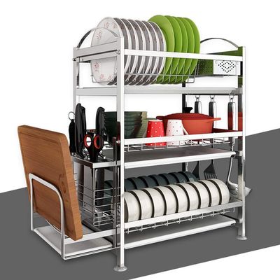 Stainless Steel Dish Drying Rack with Knife Rack Utensil Basket Removable Tray Large Space to Hold Dishes Bowls and Spoons 3-Tier (Silver A) Dish Drying Mat