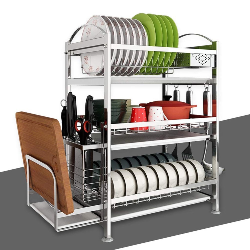 Stainless Steel Dish Drying Rack with Knife Rack Utensil Basket Removable Tray Large Space to Hold Dishes Bowls and Spoons 3-Tier (Silver A) Dish Drying Mat