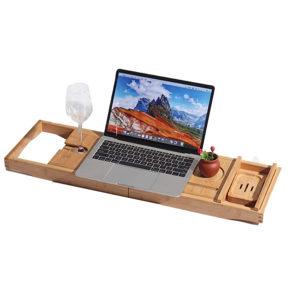 Bamboo Bathtub Tray Expandable with Reading Rack for One Or Two Person Bath and Bed Tray Soap Holder Bathtub Caddy Tray