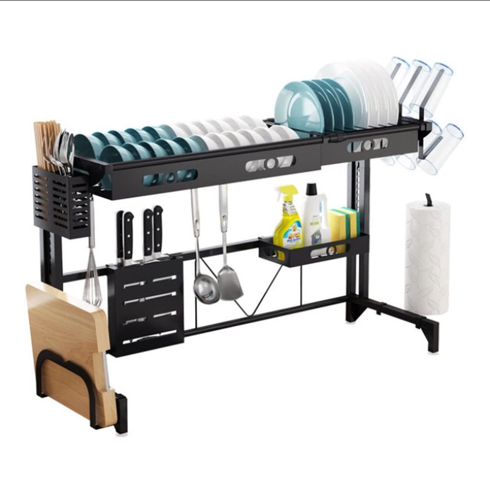 Black Stainless Steel Telescopic Lifting Drain Dish Rack Kitchen Utensils Knife Storage Rack Countertop Sink Rack