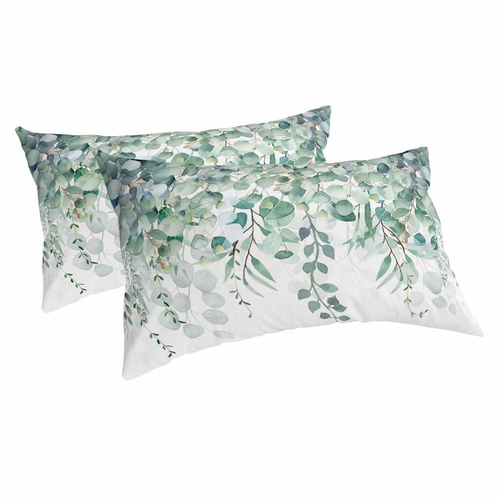 Edwiinsa Teal Eucalyptus Leaves Pillow Covers Standard Size Set of 2 20x26 Bed Pillow, Plush Soft Comfort for Hair/Skin Cooling Pillowcases with Envelop Closure Spring Floral Summer Botanical