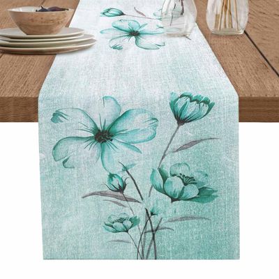 Aqua Spring Floral Table Runner-Cotton Linen- 70 Inch Holiday Dresser Scarves, Vintage Elegant Summer Botanical Tablerunner for Kitchen Coffee/Dining Bedroom Home Living Room Dinner Scarf Dcor 13x70