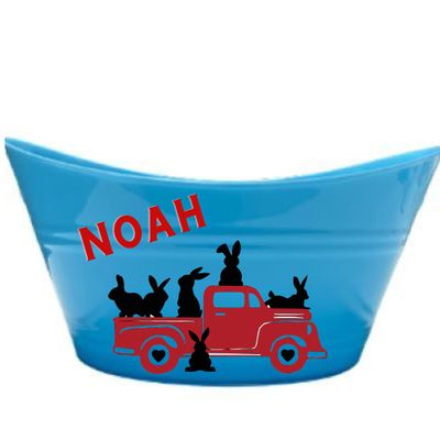 Personalized Truck Easter Basket - Custom Bunny Bucket - Easter Gifts for Kids With Name (Blue Plastic Bucket)