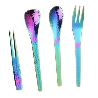 SEELLODGE Silverware Flatware Cutlery Set, 4/16/24/32 Pieces 304 Stainless Steel Cake Forks, Fruit Forks, Coffee Spoons, Dessert Forks, Spoons (Color : Rainbow, Size : 1Set-4Pcs)