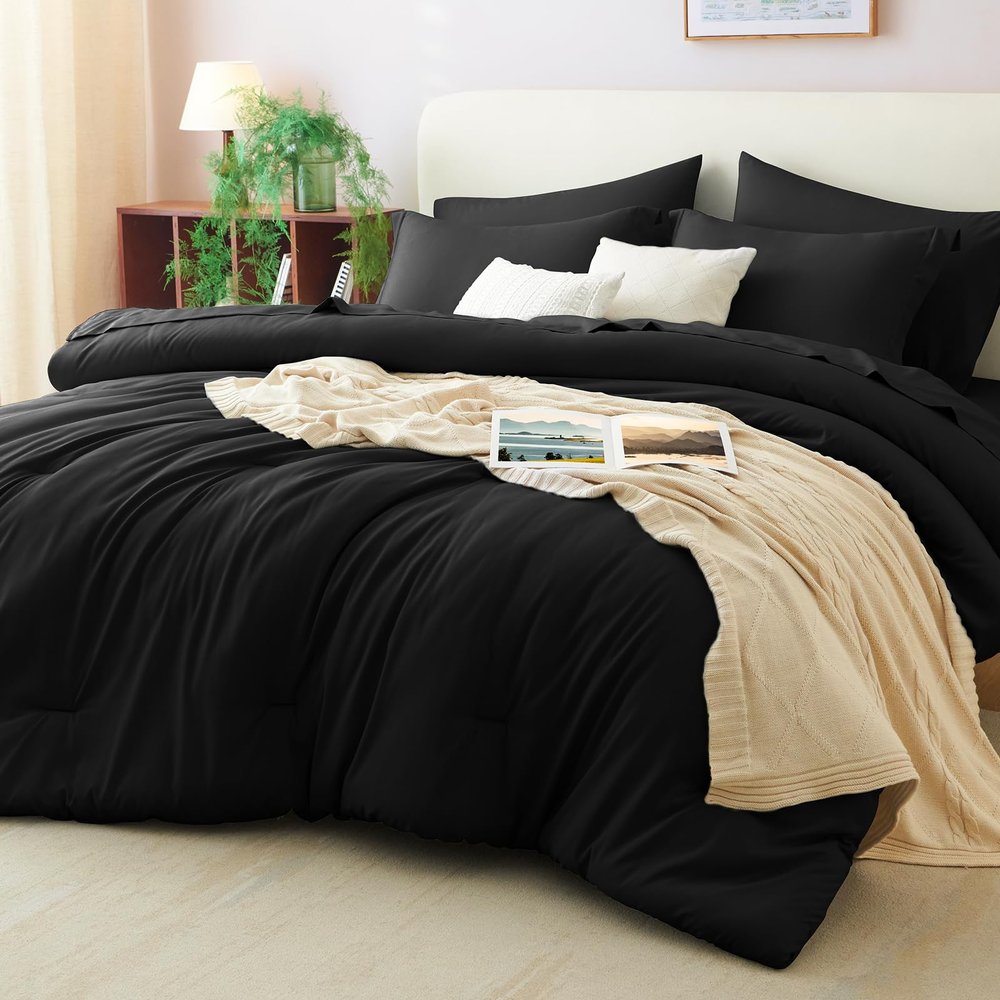 CozyLux King Comforter Set Black, 7 Pieces Bed in a Bag Soft Bedding Comforter Set with Sheets, All Season Boho 7PC Bed Sets with Comforter, Fitted Sheets, Flat Sheets, Pillow Shams and Pillowcases