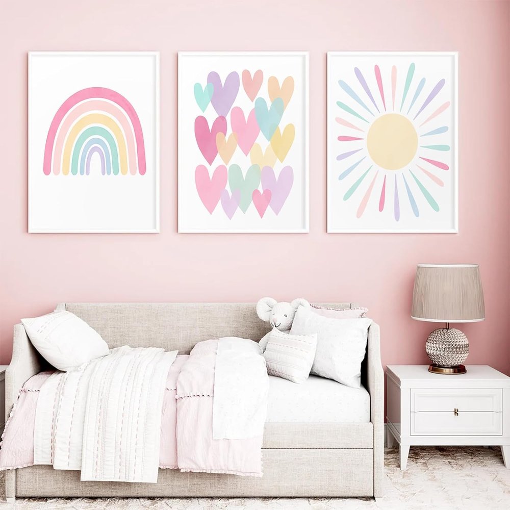 3Pcs Pink Nursery Canvas Wall Art Pastel Rainbow Sun Hearts Posters Prints Boho Pink Sunshine Painting Wall Decor Pictures for Toddler Girls Baby Kids Room Decoration, Unframed 16x24in