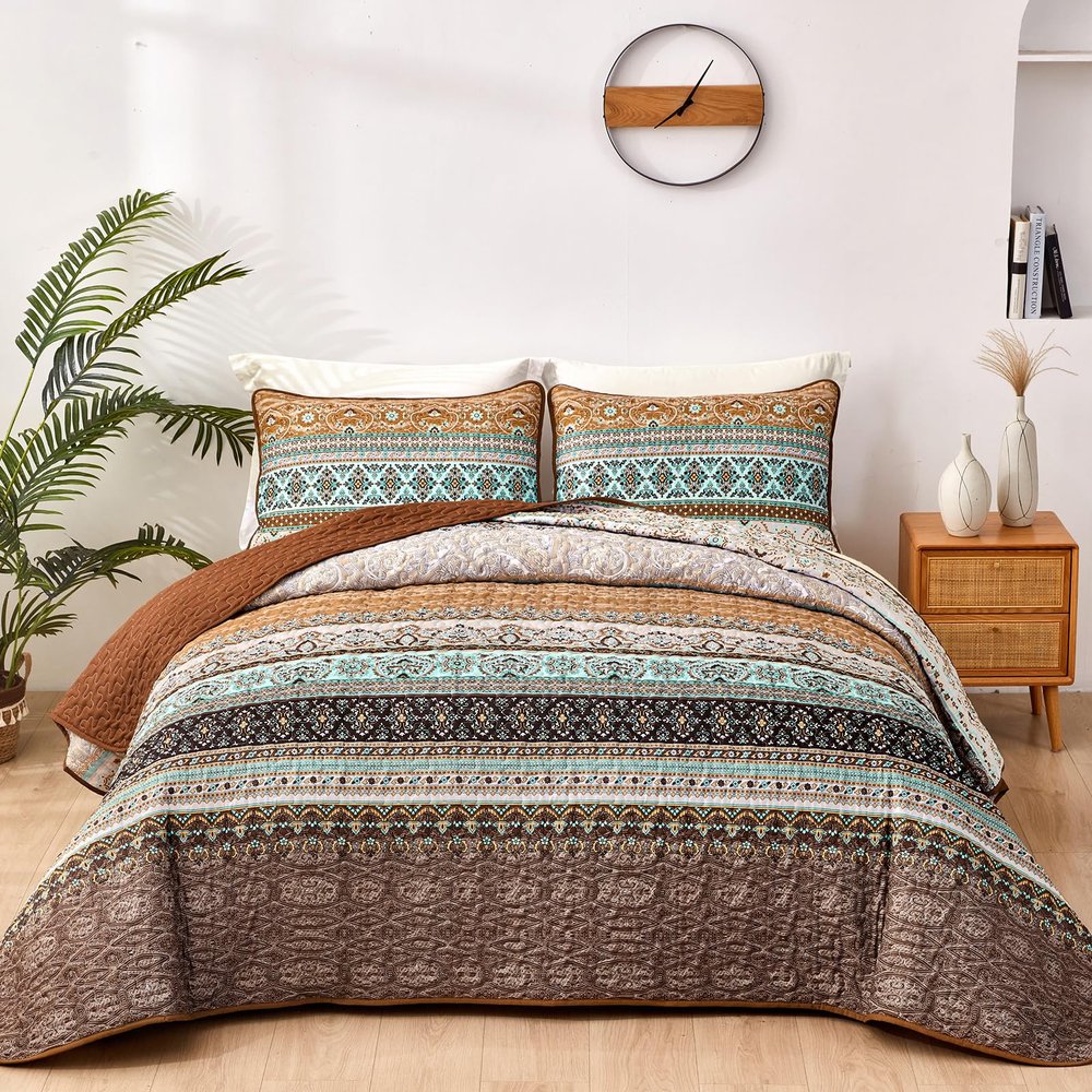 WONGS BEDDING Boho Fall Quilt Set King, Brown Bohemian Quilt Bedding Set, Ultra Soft Lightweight Bed Decor Bedspread for All Season Reversible Microfiber Coverlet Bedding Set 103"x90"(3 Pieces)