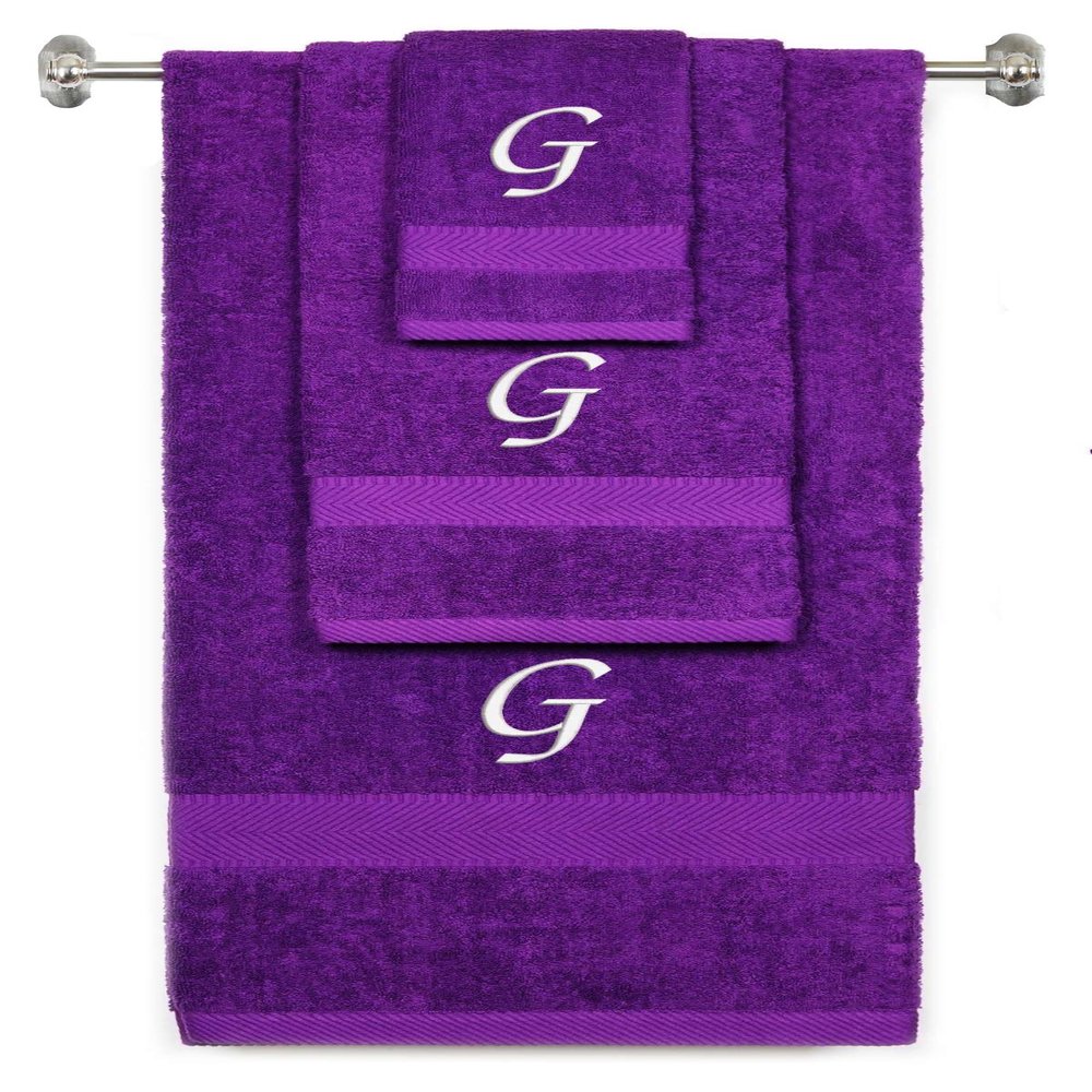 BY LORA Custom Embroidered Terry Cotton Ring Spun Bath Towel, Hand Towel and Washcloth Set - Purple Towel Set, White Chancery Initial G