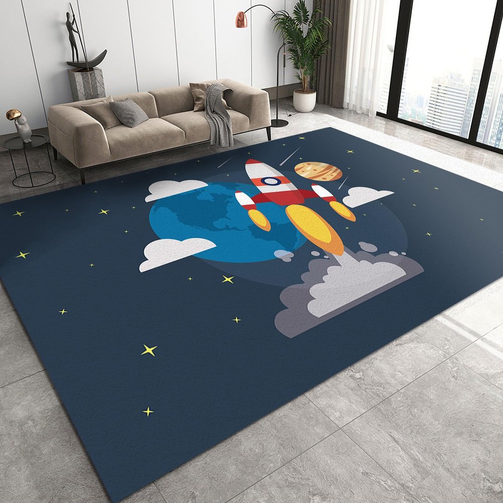 Cartoon Rocket Space Area Rug, Cute Clouds Blue Planet Non Slip Noise Reduction Kids Rugs, Easy Care Durable Carpet for Indoor Living Room Bedroom Office Decor Mat - 4 ft x 5 ft