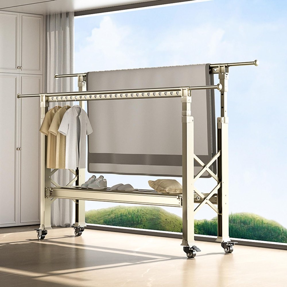 Clothes Drying Rack 2-Layer Aluminum Foldable Laundry Drying Rack with Adjustable Height,Laundry room organization drying rack with 50Windproofhole,Space Saving Collapsible Laundry Drying Rack (Color