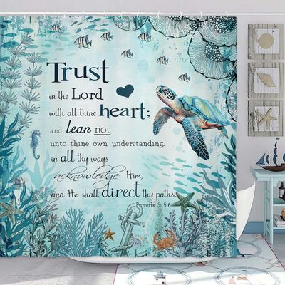 Beach Sea Turtle Bible Verse Shower Curtain, Cool Turtle on Blue Teal Coastal Nautical Theme for Bathroom, Underwater Animal Fish Seashell Jellyfish With Hooks, 60X70IN