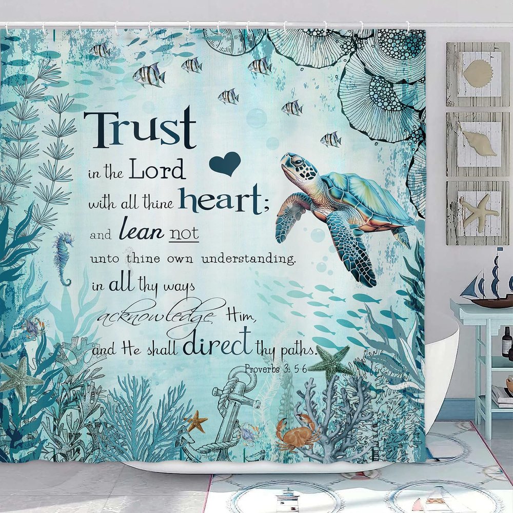 Beach Sea Turtle Bible Verse Shower Curtain, Cool Turtle on Blue Teal Coastal Nautical Theme for Bathroom, Underwater Animal Fish Seashell Jellyfish With Hooks, 60X70IN