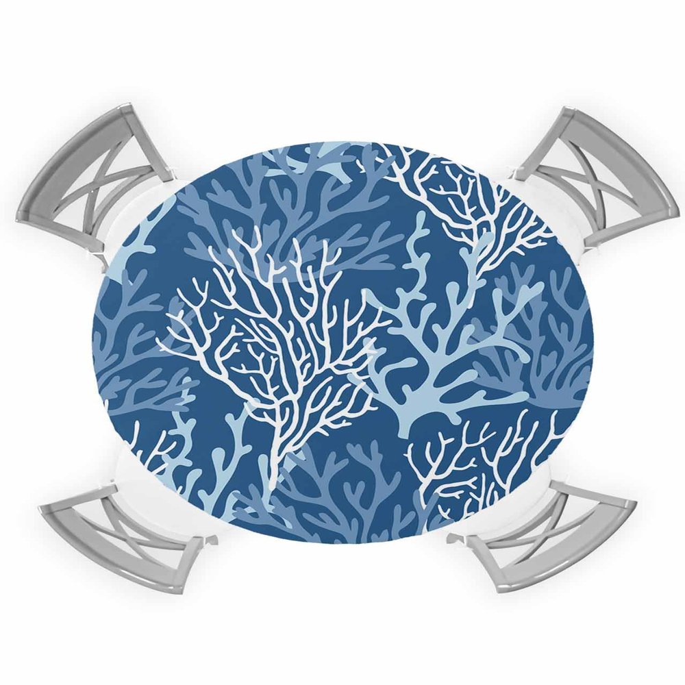 IDOWMAT Round Dining Table Cover for 55"-60" Tables Outdoor Table Cloth Waterproof Wipeable Tablecloth Summer Ocean Gradient Coral Dark Blue Table Cover with Elastic Edge for Spring Summer Party