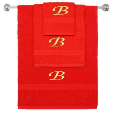 BY LORA Custom Embroidered Terry Cotton Ring Spun Bath Towel, Hand Towel and Washcloth Set - Red Towel Set, Gold Chancery Initial B