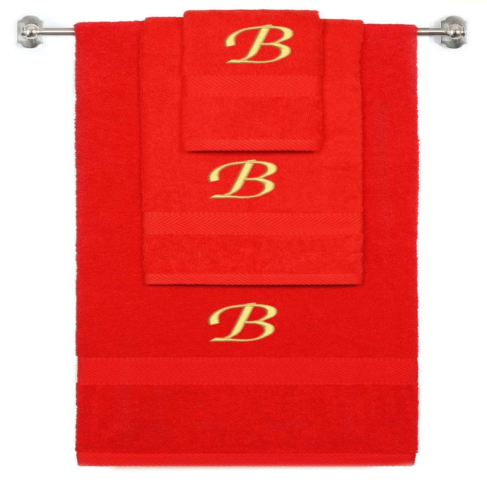 BY LORA Custom Embroidered Terry Cotton Ring Spun Bath Towel, Hand Towel and Washcloth Set - Red Towel Set, Gold Chancery Initial B