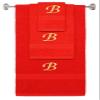 BY LORA Custom Embroidered Terry Cotton Ring Spun Bath Towel, Hand Towel and Washcloth Set - Red Towel Set, Gold Chancery Initial B view 1