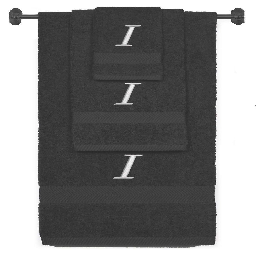 BY LORA Custom Embroidered Terry Cotton Ring Spun Bath Towel, Hand Towel and Washcloth Set - Charcoal Towel Set, Silver Chancery Initial I