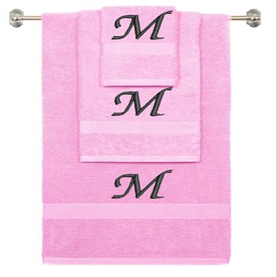 BY LORA Custom Embroidered Terry Cotton Ring Spun Bath Towel, Hand Towel and Washcloth Set - Pink Towel Set, Black Chancery Initial M
