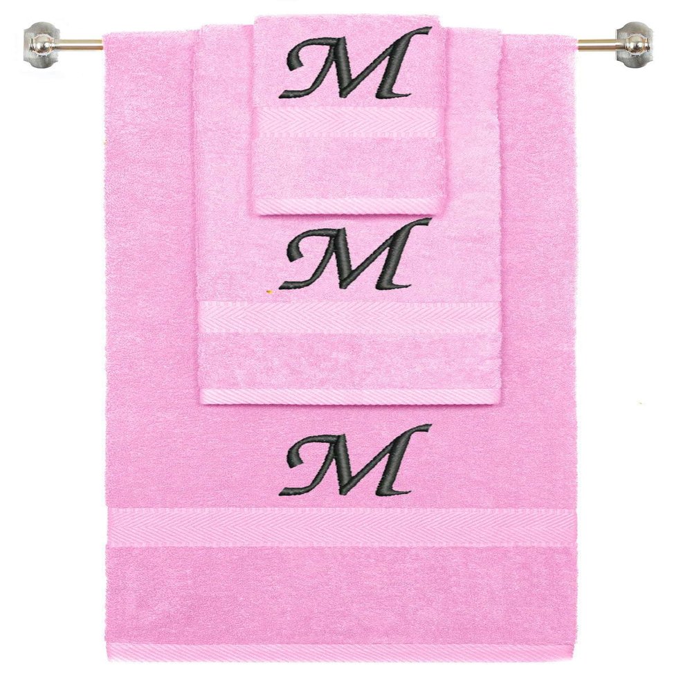 BY LORA Custom Embroidered Terry Cotton Ring Spun Bath Towel, Hand Towel and Washcloth Set - Pink Towel Set, Black Chancery Initial M