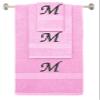 BY LORA Custom Embroidered Terry Cotton Ring Spun Bath Towel, Hand Towel and Washcloth Set - Pink Towel Set, Black Chancery Initial M view 1