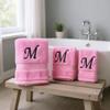 BY LORA Custom Embroidered Terry Cotton Ring Spun Bath Towel, Hand Towel and Washcloth Set - Pink Towel Set, Black Chancery Initial M view 2