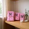 BY LORA Custom Embroidered Terry Cotton Ring Spun Bath Towel, Hand Towel and Washcloth Set - Pink Towel Set, Black Chancery Initial M view 3