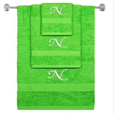 BY LORA Custom Embroidered Terry Cotton Ring Spun Bath Towel, Hand Towel and Washcloth Set - Lime Green Towel Set, White Chancery Initial N