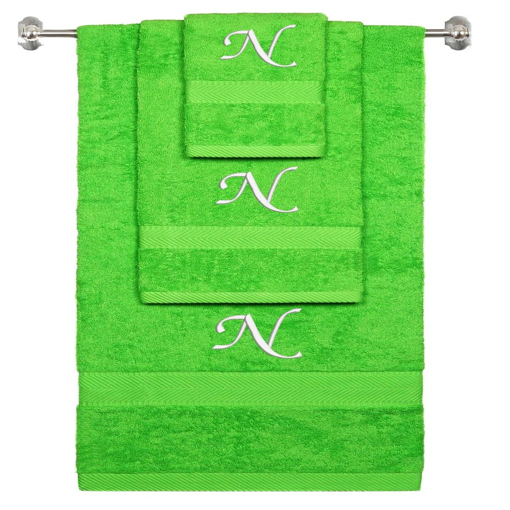 BY LORA Custom Embroidered Terry Cotton Ring Spun Bath Towel, Hand Towel and Washcloth Set - Lime Green Towel Set, White Chancery Initial N