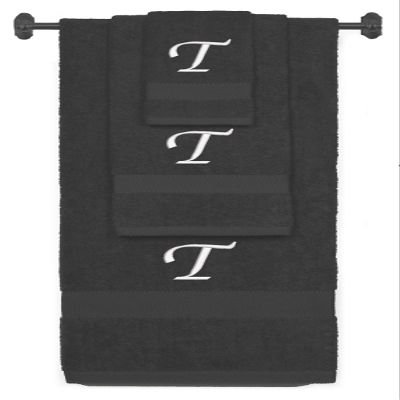 BY LORA Custom Embroidered Terry Cotton Ring Spun Bath Towel, Hand Towel and Washcloth Set - Charcoal Towel Set, White Chancery Initial T