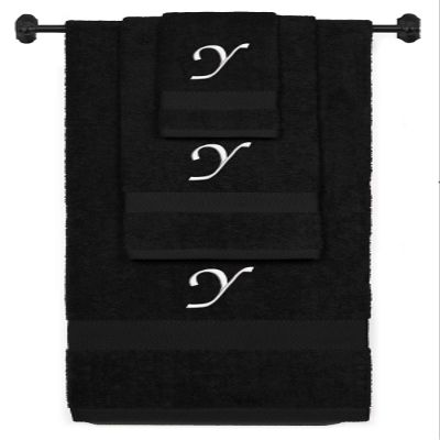 Custom Embroidered Terry Cotton Ring Spun Bath Towel, Hand Towel and Washcloth Set - Black Towel Set, White Chancery Initial Y